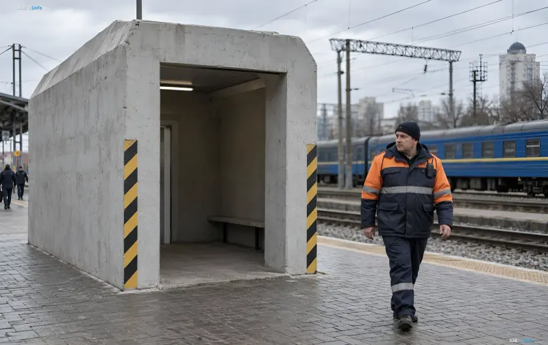 Railway worker in protective uniform walks along a platform next to a concrete mobile shelter