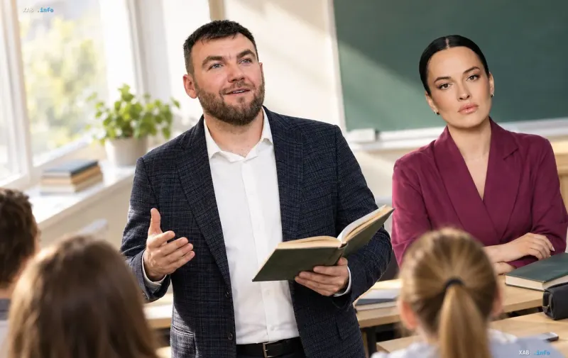Teacher Artur Proydakov and a co-host speaking in a classroom during preparation for an educational event