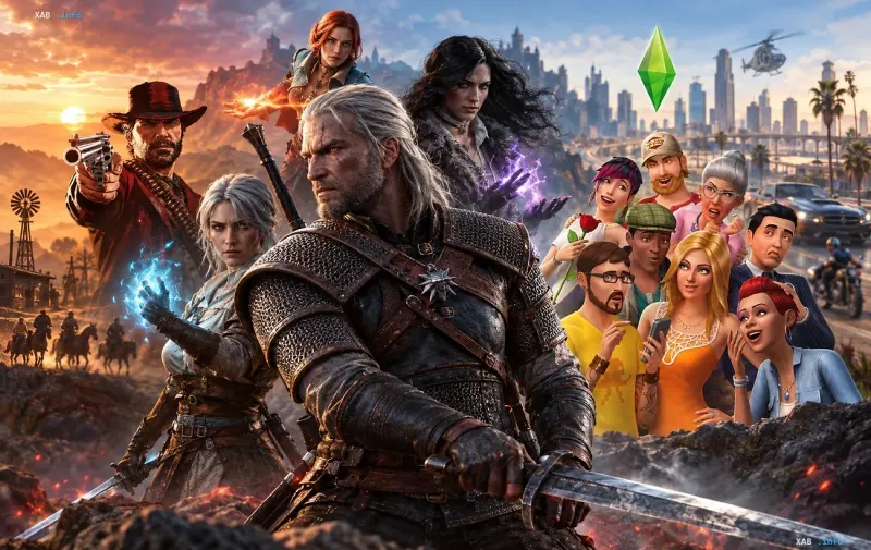 Коллаж с персонажами популярных видеоигр, включая The Witcher, Red Dead Redemption и Cyberpunk