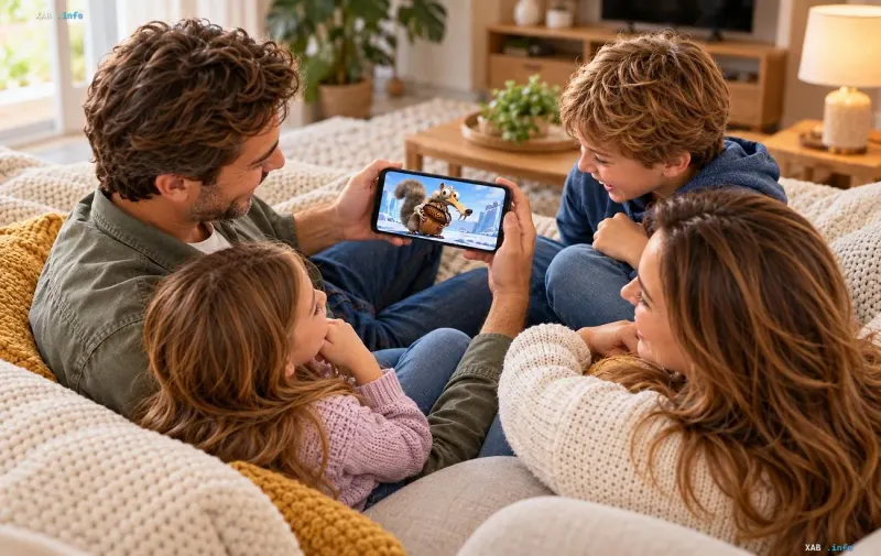 Familie schaut zusammen einen Zeichentrickfilm auf einem Smartphone auf der Couch im Wohnzimmer