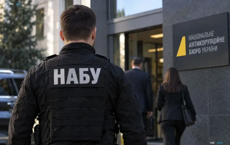 NABU officer in tactical gear in front of the National Anti-Corruption Bureau of Ukraine building