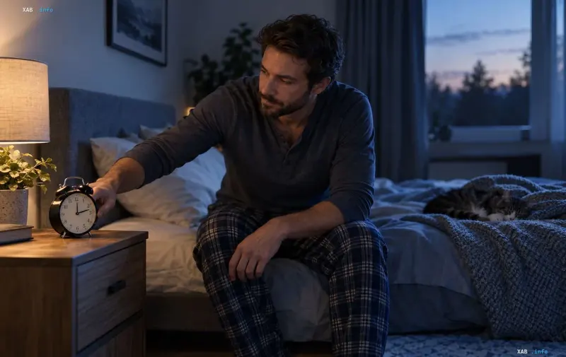 Ein Mann im Pyjama sitzt am frühen Morgen im Schlafzimmer auf dem Bett und schaltet einen Wecker aus