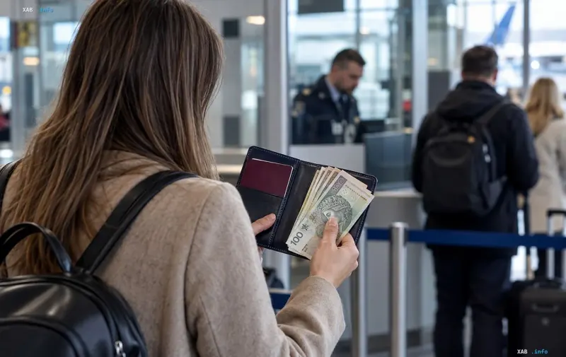 Woman with a backpack holding a wallet with Polish zlotys against the background of people at the airport