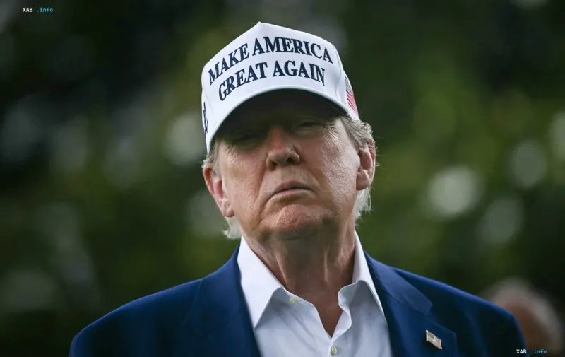 Дональд Трамп в бейсболке с надписью Make America Great Again и синем пиджаке