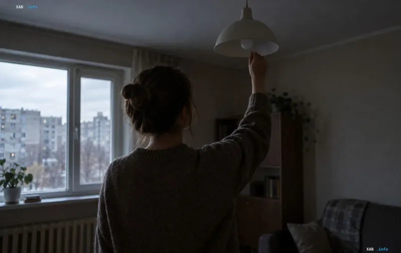 A woman turns on the lights in a room during scheduled power outages in Ukraine