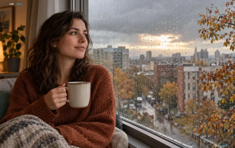 Woman with a cup of coffee looking out a rainy window at an autumn city