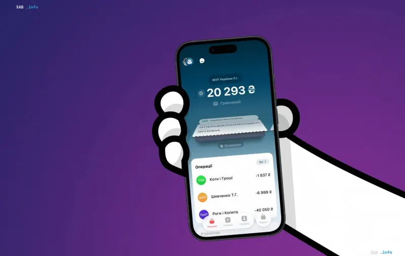 Смартфон с открытым приложением monoбизнес в руке на фиолетовом фоне