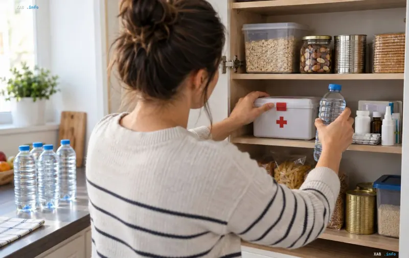 Frau räumt haltbare Lebensmittel, Trinkwasser und einen Erste-Hilfe-Kasten in einen Küchenschrank ein