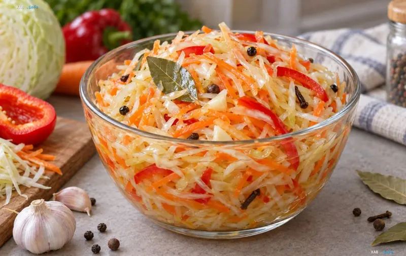 Прозрачная стеклянная миска с хрустящей маринованной капустой, морковью, болгарским перцем и лавровым листом