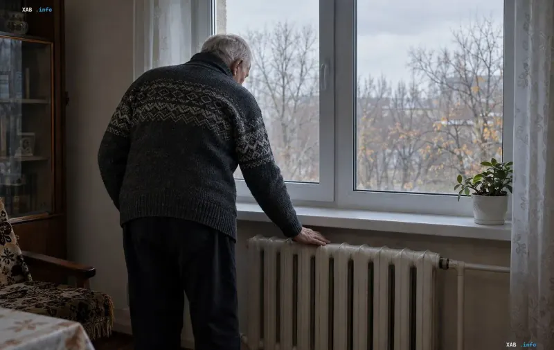 Літня людина біля вікна дивиться на вулицю біля опалювальної батареї в кімнаті