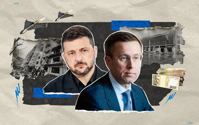 Президент Украины Владимир Зеленский и премьер-министр Сергей Корецкий на фоне разрушений и дронов
