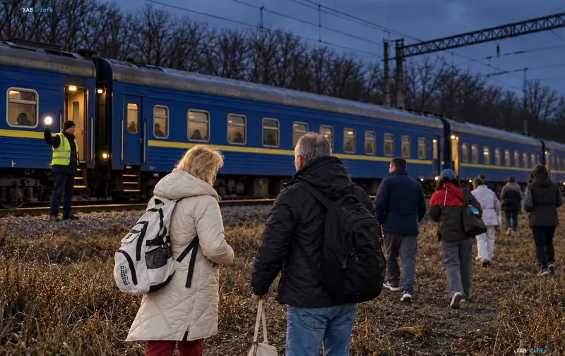 People walking along the train tracks towards a train at dusk.