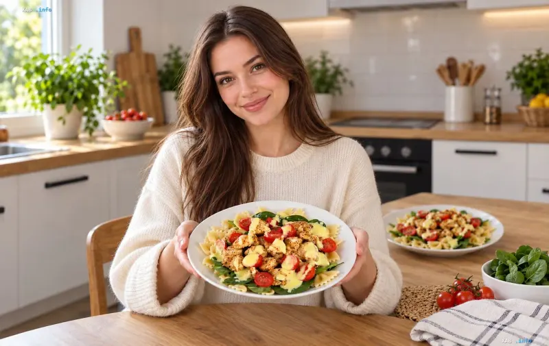 Eine lächelnde Frau in einer hellen Küche hält einen Teller mit Hähnchen-Spinat-Nudelsalat