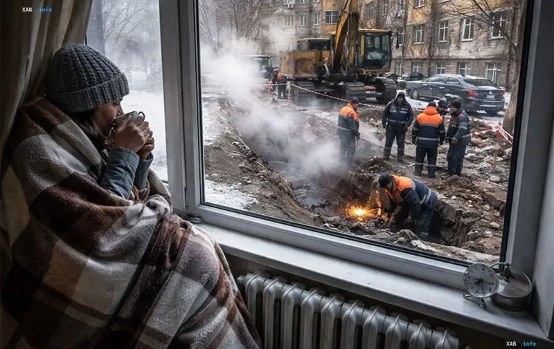 Жінка сидить біля вікна під пледом із чашкою гарячого напою, поки на вулиці комунальні служби усувають аварію на теплотрасі