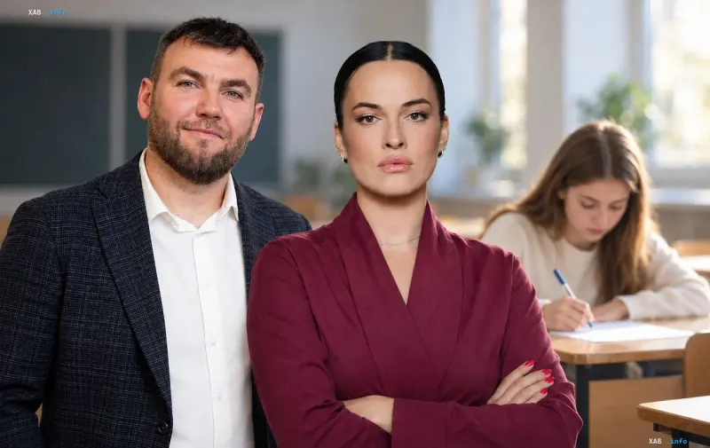 Singer Dasha Astafieva and teacher Artur Proidakov pose in a classroom during preparations for the 2026 National Unity Radio Dictation