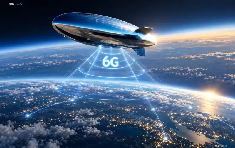 футуристический стратосферный дирижабль передает сигнал 6g на Землю над облаками