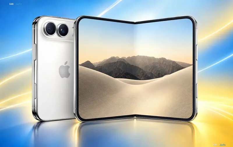 Белый складной смартфон Apple iPhone Duo в разложенном и сложенном виде на фоне песчаных дюн