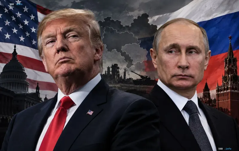 Дональд Трамп и Владимир Путин на фоне государственных флагов США и России, символизирующих геополитическое противостояние.