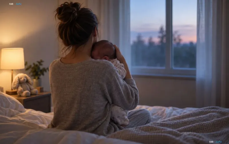 Жінка тримає на руках новонароджену дитину в затишній кімнаті в сутінках