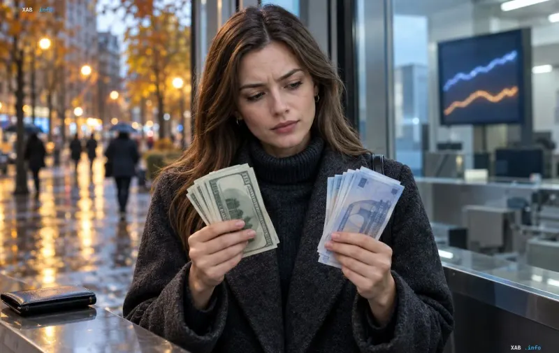 Frau im Mantel auf einer Herbststraße zählt Bargeld in Dollar und Euro