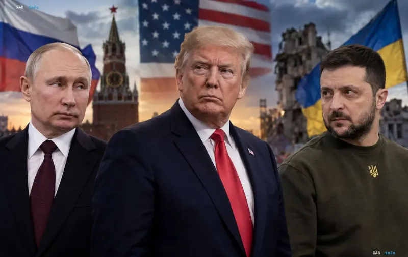 Владимир Путин, Дональд Трамп и Владимир Зеленский на фоне руин и флагов России, США и Украины