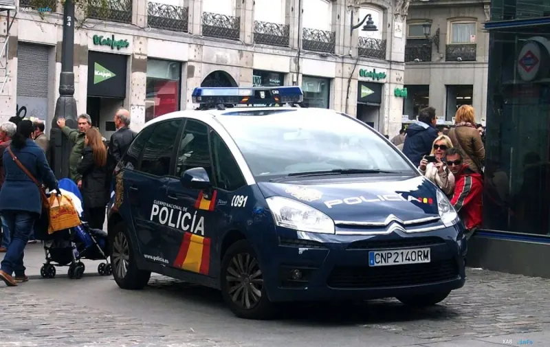 Spanish National Police patrol car parked on a Madrid street during mass protest rallies