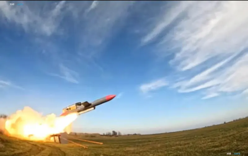Launch of a Ukrainian cruise missile from a ground-based launcher in a field