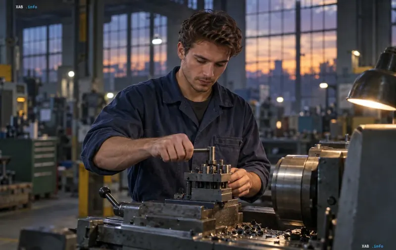 Junges Mann in blauer Arbeitskleidung beim Einstellen einer Maschine in einer Produktionshalle