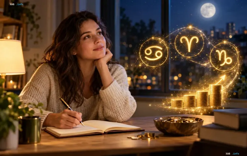 A woman making notes in a notebook in a cozy evening setting next to zodiac signs and a stack of golden coins.