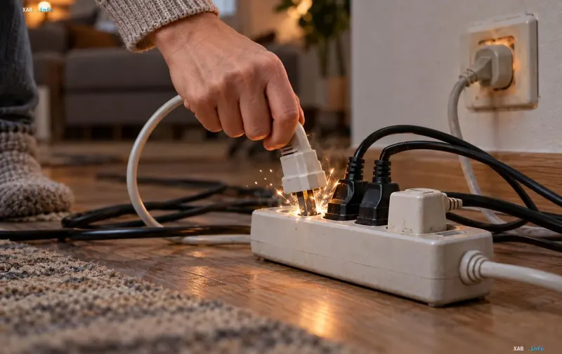 Eine Hand zieht einen Stecker aus einer Mehrfachsteckdose mit Funkenflug
