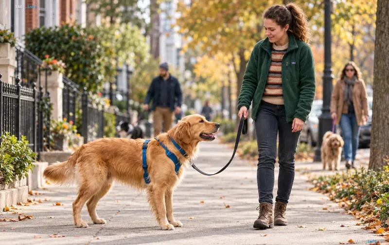 Woman walking a golden retriever on a leash and harness down an autumn city street