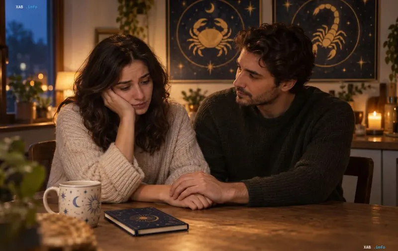 A woman looks sad at a table while a man holds her hand in a cozy home setting