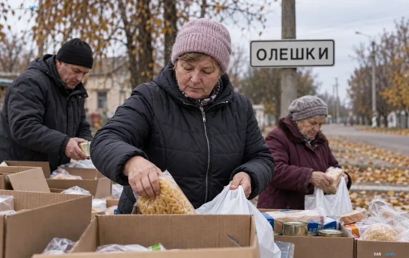 Местные жители получают гуманитарную помощь в городе Олешки на фоне осенних деревьев
