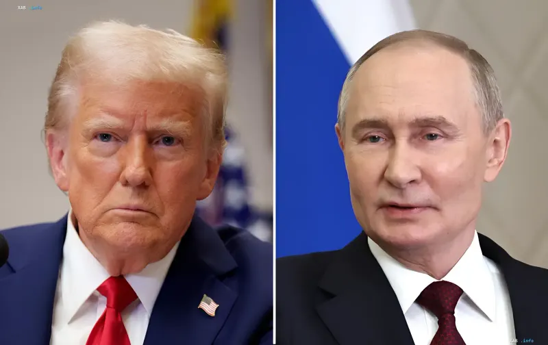 Портреты Дональда Трампа и Владимира Путина на фоне национальных флагов во время политических событий