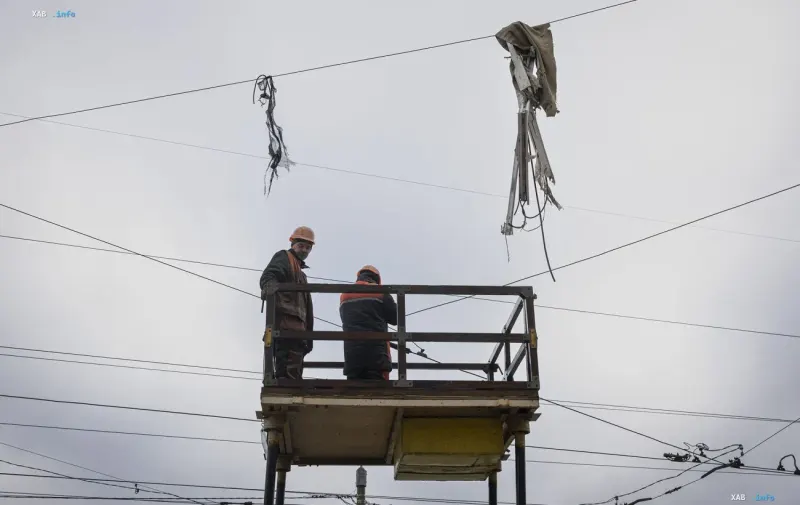 Електромонтери у люльці автовишки ремонтують пошкоджені дроти ліній електропередач на тлі похмурого неба