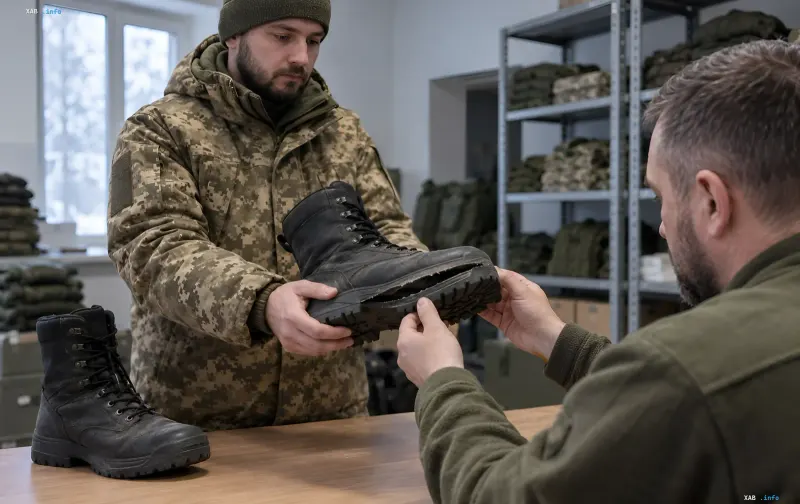 A Ukrainian serviceman inspects a damaged winter army boot with a peeling sole at a supply warehouse