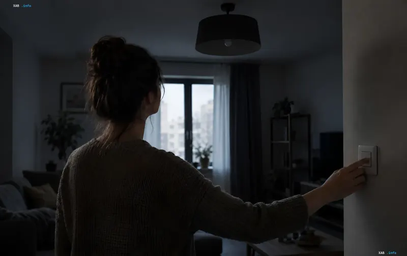 Woman turning on the light in a dark room during rolling power outages in Ukraine