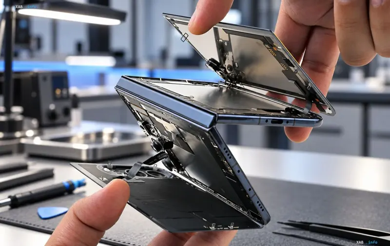 Руки инженера аккуратно разбирают внутренние компоненты складного смартфона iPhone Duo на рабочем столе