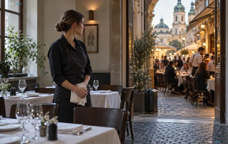 Kellnerin in schwarzer Uniform steht am Restaurantseingang mit Außenterrasse in einer historischen Stadt