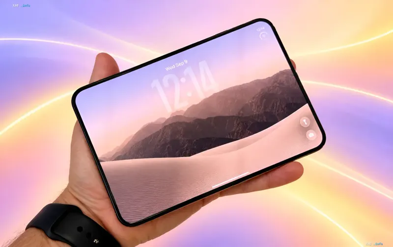 Человек держит складной смартфон iPhone Duo с трещиной на внутреннем гибком экране