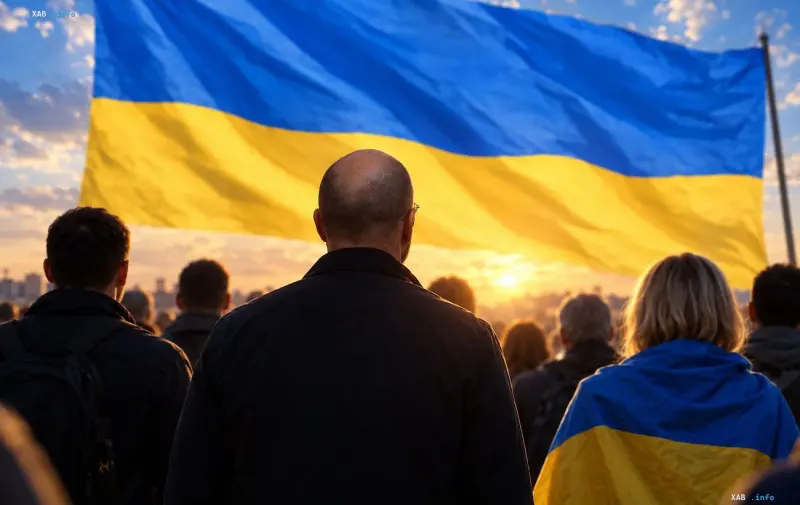 People from behind looking at a large Ukrainian flag at sunset