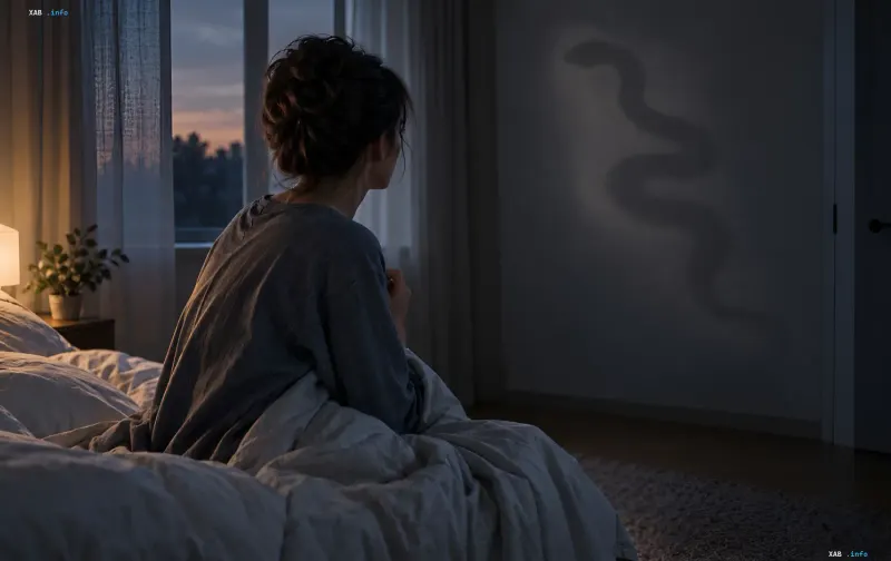Eine Frau wacht nachts im Bett auf, erschrocken über einen Schlangenschatten an der Wand