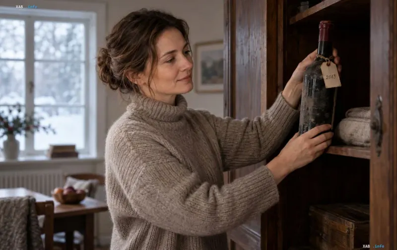 Woman in a beige sweater choosing a bottle of wine in a wooden cabinet