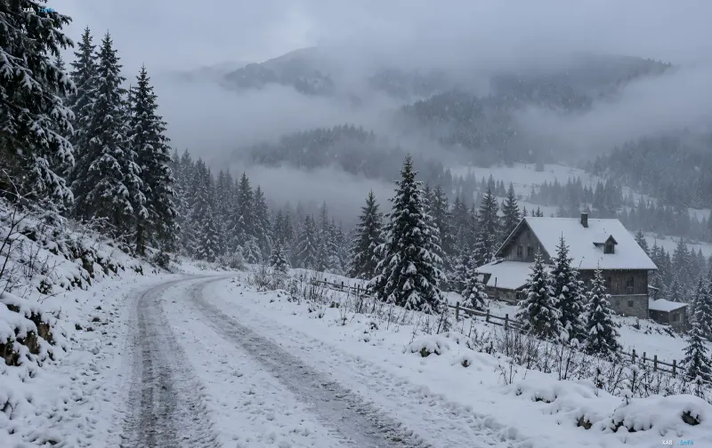 Snow-covered road and wooden house in a forest among foggy snowy mountains in the Carpathians