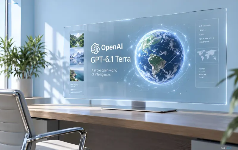 Прозорий цифровий монітор із логотипом OpenAI GPT-6.1 Terra та земною кулею на тлі робочого столу в офісі