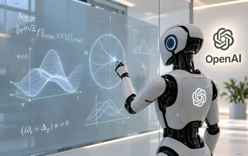 White robot with OpenAI logo touching a glowing screen with mathematical formulas and graphs