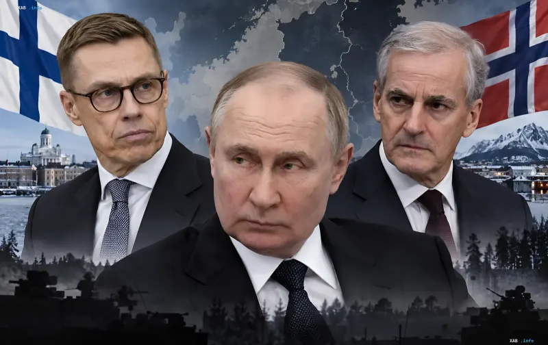 Finnish President Alexander Stubb, Vladimir Putin, and Norwegian Prime Minister Jonas Gahr Støre against the backdrop of state flags and a northern landscape