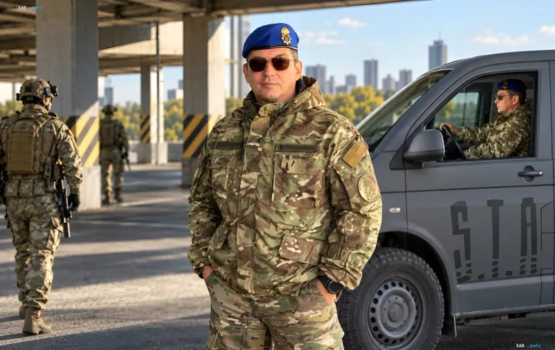 Военный в камуфляже и синем берете стоит на фоне серого микроавтобуса в городе