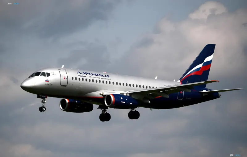 Aeroflot passenger airliner MC-21 in flight against a cloudy sky background