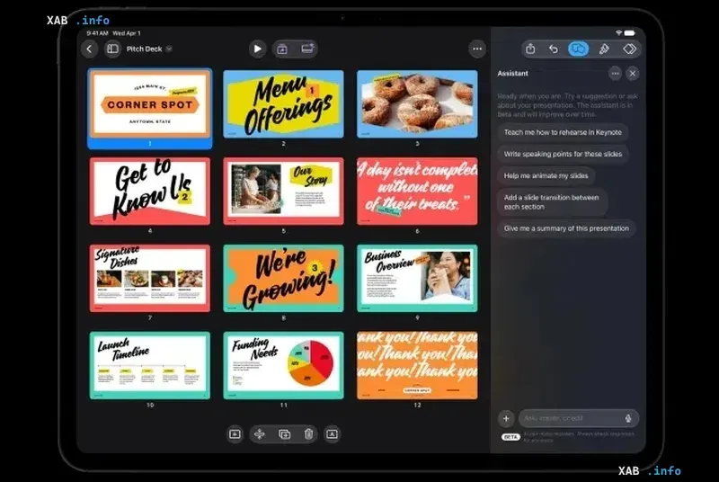 Keynote app interface on an iPad featuring the new AI assistant and a grid of presentation slides